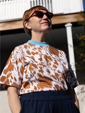 Nikki Chasin - Salma Short Sleeve T - Cow Print with Blue Rib